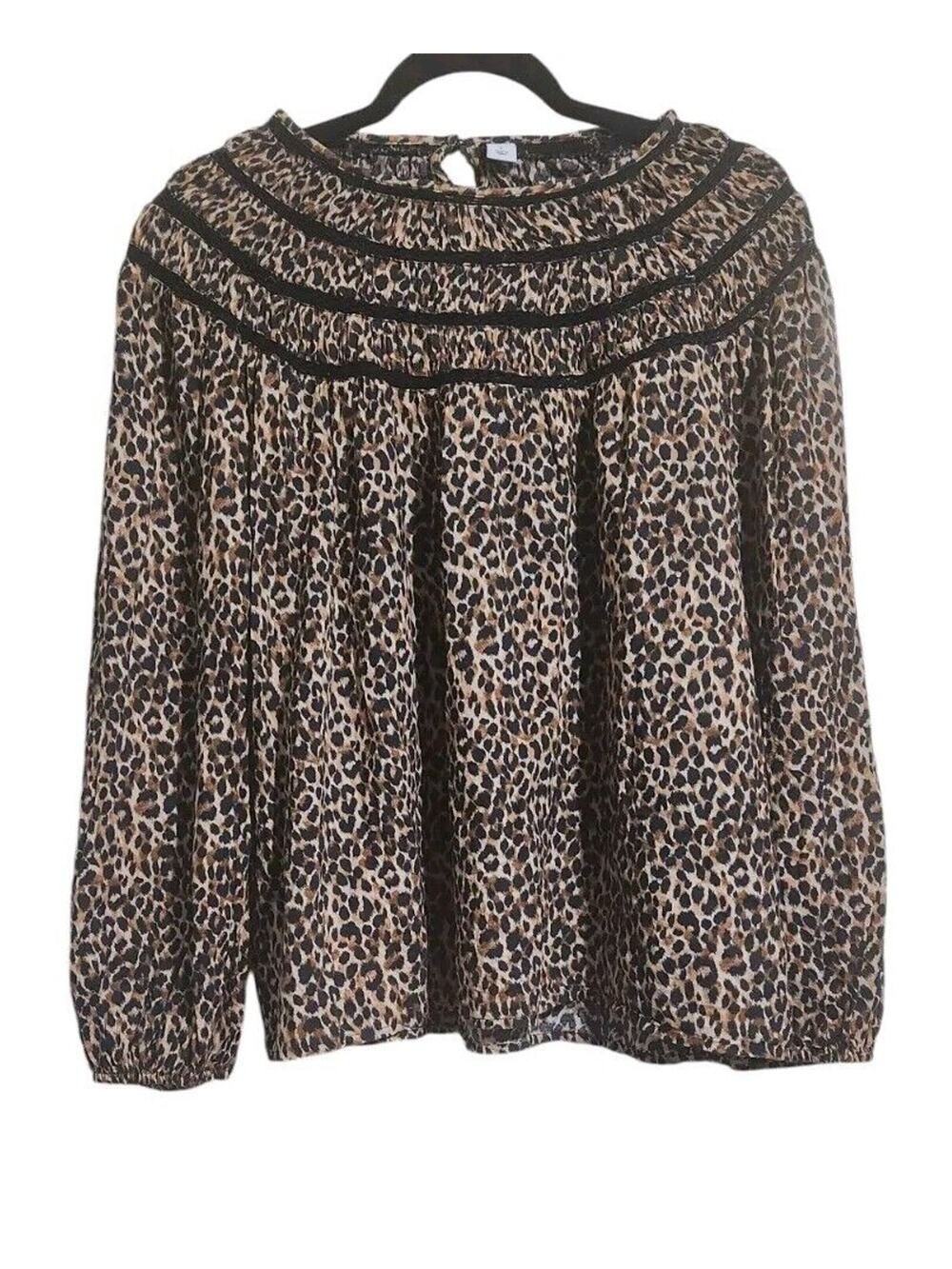 Old Navy Top Women Large Black Leopard Animal Print Long Sleeve Crochet Ruched